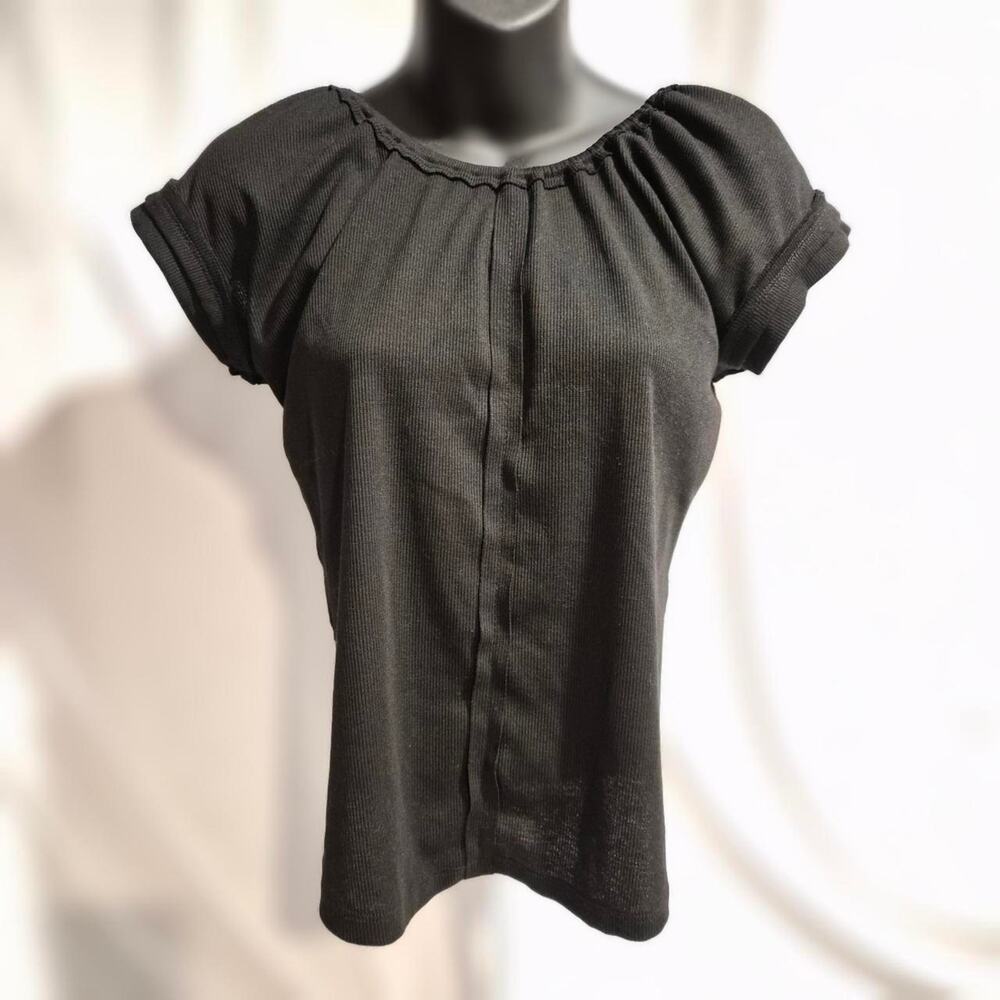 Vintage 90s Black Ribbed Cap Sleeve Scoop Neck Top - Minimalist Basic S